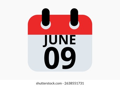 9 June calendar icon text page monthly web design on red, black and white background vector, icon, or illustration with the month of June 9