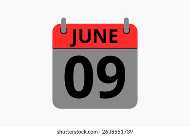 9 June calendar icon text page monthly web design on red, black and white background vector, icon, or illustration with the month of June 9