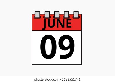 9 June calendar icon text page monthly web design on red, black and white background vector, icon, or illustration with the month of June 9