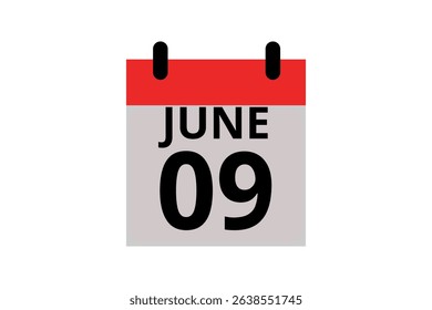9 June calendar icon text page monthly web design on red, black and white background vector, icon, or illustration with the month of June 9