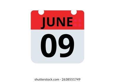 9 June calendar icon text page monthly web design on red, black and white background vector, icon, or illustration with the month of June 9