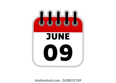 9 June calendar icon text page monthly web design on red, black and white background vector, icon, or illustration with the month of June 9