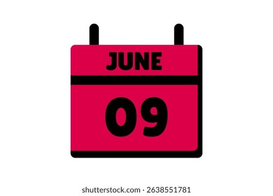 9 June calendar icon text page monthly web design on red, black and white background vector, icon, or illustration with the month of June 9