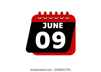 9 June calendar icon text page monthly web design on red, black and white background vector, icon, or illustration with the month of June 9