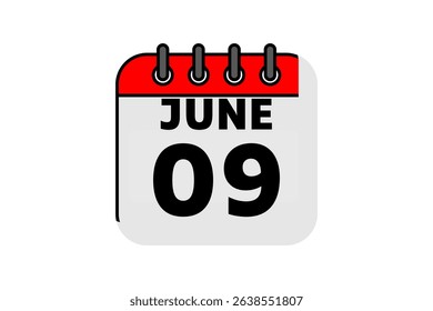 9 June calendar icon text page monthly web design on red, black and white background vector, icon, or illustration with the month of June 9