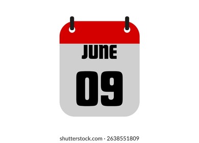 9 June calendar icon text page monthly web design on red, black and white background vector, icon, or illustration with the month of June 9