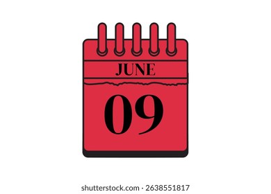 9 June calendar icon text page monthly web design on red, black and white background vector, icon, or illustration with the month of June 9