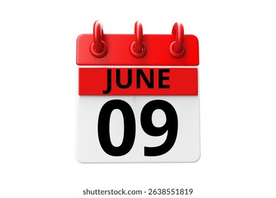9 June calendar icon text page monthly web design on red, black and white background vector, icon, or illustration with the month of June 9