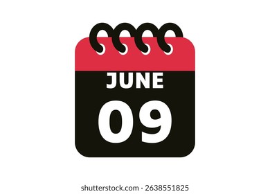9 June calendar icon text page monthly web design on red, black and white background vector, icon, or illustration with the month of June 9