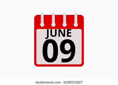 9 June calendar icon text page monthly web design on red, black and white background vector, icon, or illustration with the month of June 9