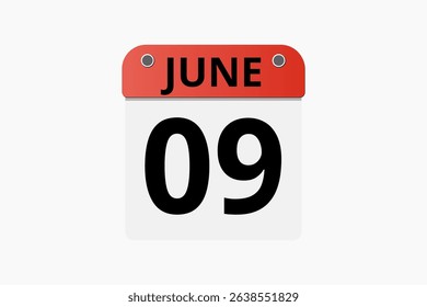 9 June calendar icon text page monthly web design on red, black and white background vector, icon, or illustration with the month of June 9