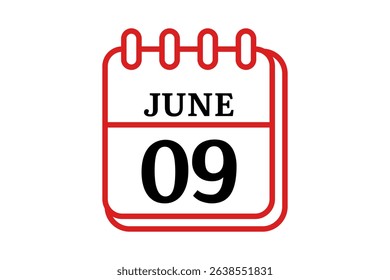 9 June calendar icon text page monthly web design on red, black and white background vector, icon, or illustration with the month of June 9