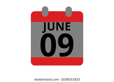 9 June calendar icon text page monthly web design on red, black and white background vector, icon, or illustration with the month of June 9