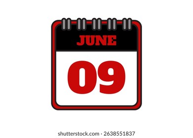 9 June calendar icon text page monthly web design on red, black and white background vector, icon, or illustration with the month of June 9