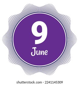9. Juni, Datumsvorlage. Nützliches Design für Kalender- oder Veranstaltungswerbung. EPS10 Datei, Vektorgrafik. Einzeln auf weißem Hintergrund. 