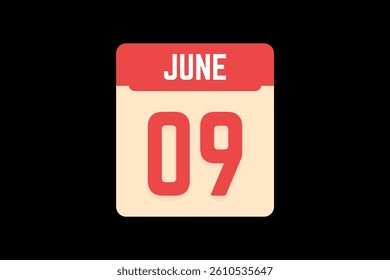 9 June icon text page monthly web design on coral, white, tangerine and black background vector, icon, or illustration with the month of June 9