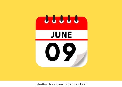 9 June month single day vector, illustration, calendar with red, black, white and yellow color background calendar June 9