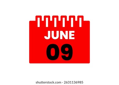 9 June month single day vector, illustration, calendar with red, black and white color background calendar icon of June 9