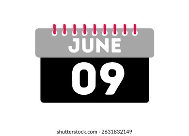 9. Juni Monat einzelner Tag Vektor, Illustration, Kalender mit Asche, schwarz, rot und weiß Farbe Hintergrund Kalender Symbol vom 9. Juni