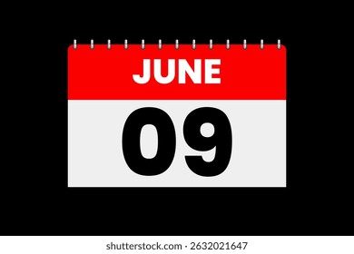 9 junho mês vetor dia único, ilustração, calendário com vermelho, off-white e preto cor de fundo ícone do calendário de junho 9