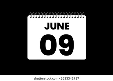 9 June month single day vector, illustration, calendar with black and white color background calendar icon of June 9