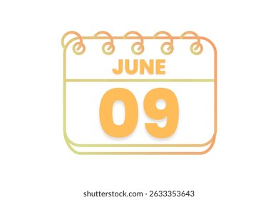 9 junho mês vetor dia único, ilustração, calendário com laranja, amarelo, marrom e branco ícone de calendário de fundo de cor de junho 9
