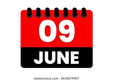 9 June month single day vector, illustration, calendar with red, black and white color background calendar icon of June 9