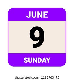9 de junio, domingo. Plantilla de fecha. Diseño útil para la promoción de calendarios o eventos. Ilustración vectorial Archivo EPS 10. Aislado sobre fondo blanco. 