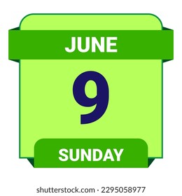 9 June, Sunday. Date template. Useful design for calendar or event promotion. Vector illustration EPS 10 File. Isolated on white background. 