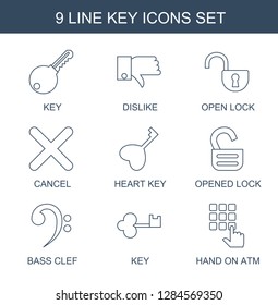 9 key icons. Trendy key icons white background. Included line icons such as dislike, open lock, cancel, heart key, opened lock, bass clef, hand on atm. key icon for web and mobile.