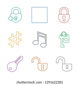9 key icons. Trendy key icons white background. Included line icons such as opened lock, open lock, heart key, music note, musical sharp, lock, stop. icon for web and mobile.