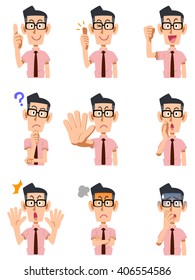 9 kind of gesture and facial expression of the man of the tie wearing short-sleeved shirt with glasses