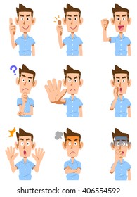 9 kind of gesture and facial expression of male short-sleeved shirt