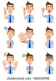 9 kind of gesture and facial expression of the man of the tie wearing short-sleeved shirt