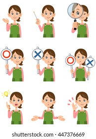 9 kind of gesture and facial expression of housewife wearing an apron