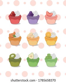 9 kinds of cupcakes on polka dot background