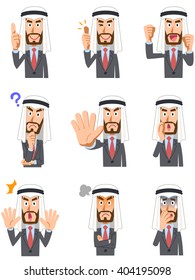 9 kinds of facial expressions and gestures of Arab businessman