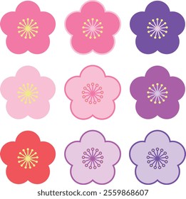 9 kinds of plum blossoms, colors pink, purple, light pink, red and light purple.