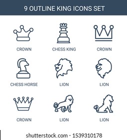 9 king icons. Trendy king icons white background. Included outline icons such as crown, chess king, Crown, chess horse, lion. icon for web and mobile.