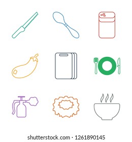 9 kitchen icons. Trendy kitchen icons white background. Included line icons such as soup, sponge, spray bottle, plate fork and spoon, cutting board. kitchen icon for web and mobile.