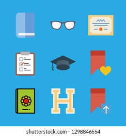 9 knowledge icons with reading glasses and mortarboard in this set