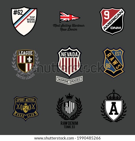 9 Label patches typography, tee shirt graphics, vectors illustration
