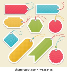 9 labels in different shapes and colors