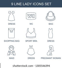 9 lady icons. Trendy lady icons white background. Included line icons such as dress, WC, bag, shopping bag, sport bra, maid, pregnant woman. lady icon for web and mobile.