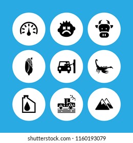9 landscape icons in vector set. corn, cow, mountain and stunned illustration for web and graphic design