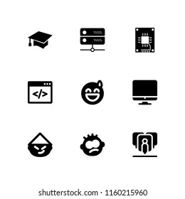 9 laptop icons in vector set. asian, server, student and tired illustration for web and graphic design