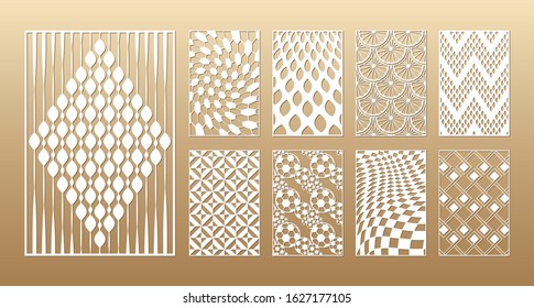 9 Laser cut vector panels (ratio 2:3). Cutout silhouette with treads and beads, soccer ball, sliced citrus, mosaic and geometric patterns. The set is suitable for engraving, laser cutting wood, metal.