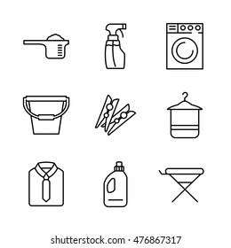 9 Laundry high quality line icons in modern style. Housework and cleaning elements for websites, brochures, UI and others. Vector illustration on a white background. 