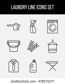 9 Laundry high quality line icons in modern style. Housework and cleaning elements for websites, brochures, UI and others. Vector illustration on a light background. 