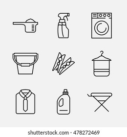 9 Laundry high quality line icons in modern style. Housework and cleaning elements for websites, brochures, UI and others. Vector illustration on a light background. 